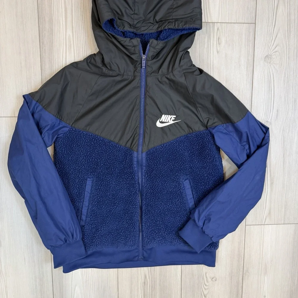 Nike Jacket Youth Large Navy Black Fleece Full Zip Windrunner Pockets AA0069‎
